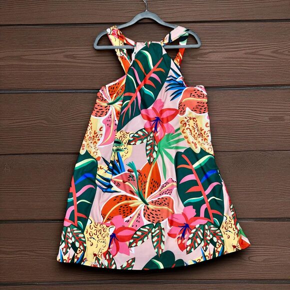 Tropical Halterneck Mini Dress Plus 3X Palm Leaf Print Party Evening Festival - Picture 1 of 9